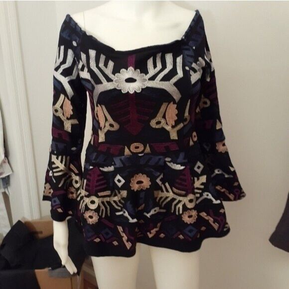 Venus top. Black aztec mexican black print off shoulder top shirt s small blouse - Picture 4 of 9